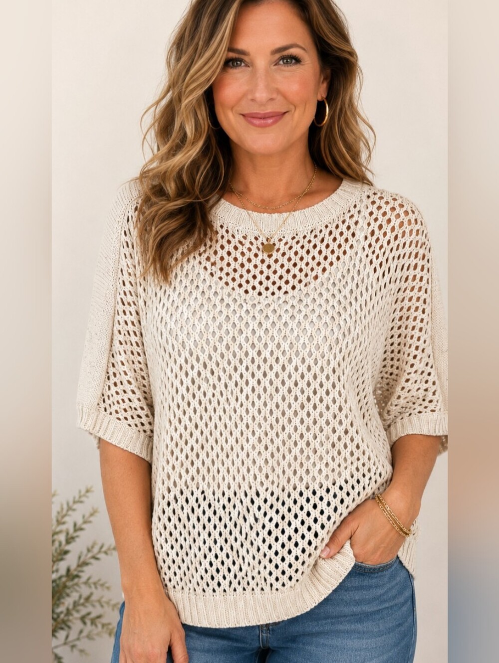 Chico's Open Weave Sweater Sequin Cotton Lyocell Coastal Top Resort Sequin